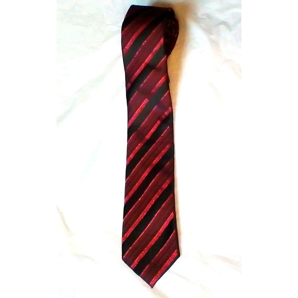 ​Barry Wang Silk Tie Mens Necktie Black Red Striped Hand Tailored Woven Busines